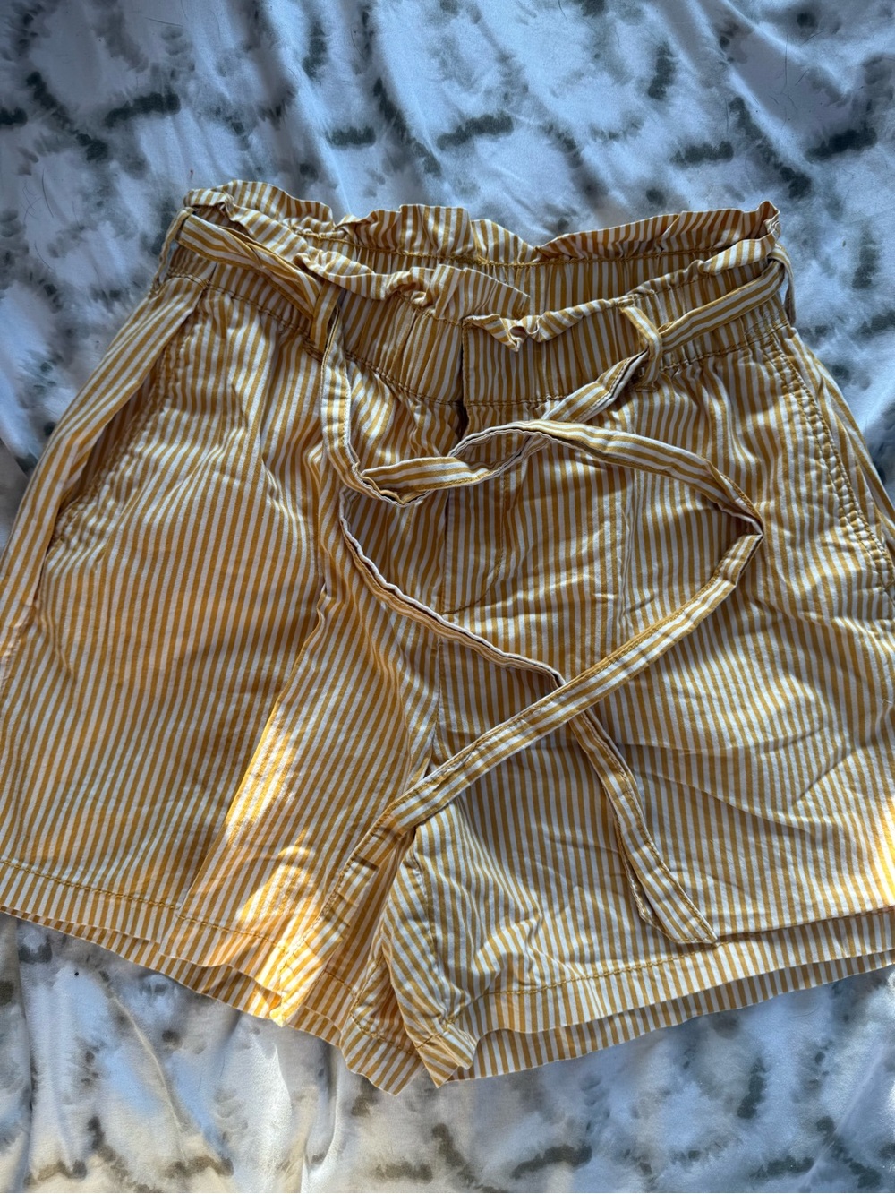 Liz Claiborne Yellow and White Striped High Waist Paperbag Shorts with Belt